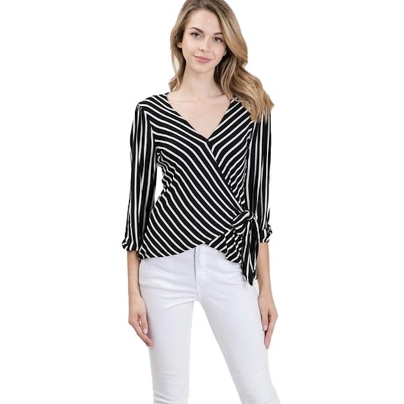 Doublju Tops - 3/4 Sleeve Surplice Faux Wrap Top with Side Tie